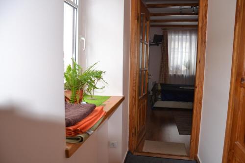 Habitación con encimera y puerta con ventana en Danarent Apartment, en Vilna