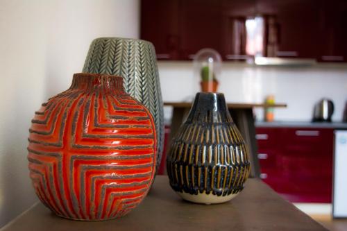two vases sitting on a table in a kitchen at The Dutchies' apartment in Plovdiv