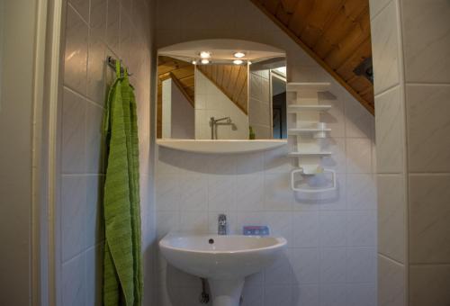 un baño con lavabo y espejo en Aranykagyló 36, en Szigliget