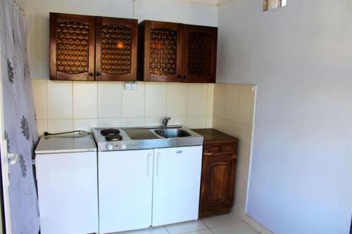 uma pequena cozinha com um lavatório e um balcão em Apartment Marko em Tivat