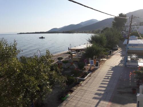 a view of a beach with a boat in the water at Hotel Prinos in Prinos