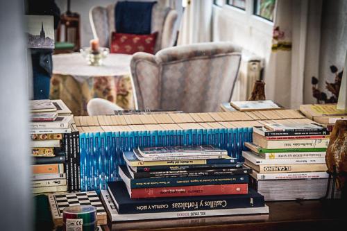 a stack of books sitting on top of a table at Hostal Goya II in Carbonero el Mayor