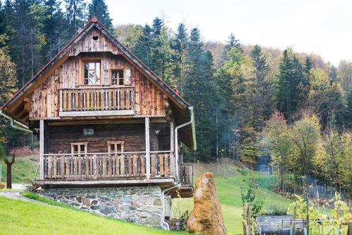 ein Blockhaus auf einem Hügel auf einem Feld in der Unterkunft Landhaus Moser in Leutschach