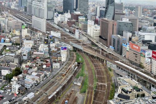 an overhead view of a city with a train bridge at Nagoya Prince Hotel Sky Tower in Nagoya