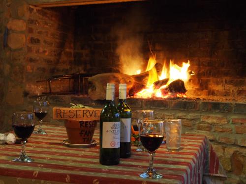 two bottles of wine on a table in front of a fireplace at Traveller's Rest in Clanwilliam