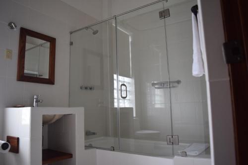 La salle de bains est pourvue d'une douche en verre et d'un lavabo. dans l'établissement Casa Meba Hotel Boutique, à Tampico