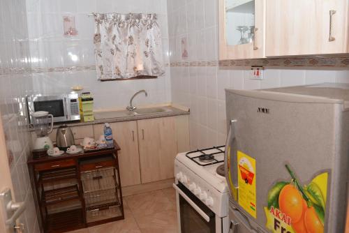 a small kitchen with a refrigerator and a sink at Eusbett Hotel in Sunyani