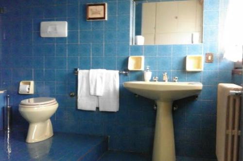 a blue tiled bathroom with a toilet and a sink at Villa Cristina in Vezzo