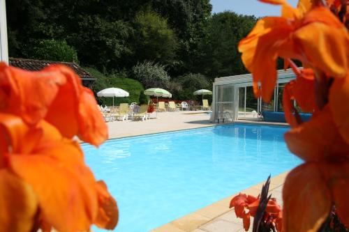 a swimming pool with orange flowers in front of it at Hôtel Restaurant Plaisance-Piscine couverte et chauffée- Proche Sarlat- in Vitrac