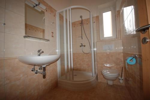 a bathroom with a shower and a sink and a toilet at Penzion Růže in Humpolec