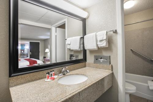 a bathroom with a sink and a mirror at Ramada by Wyndham Odessa Near University of Texas Permian in Odessa
