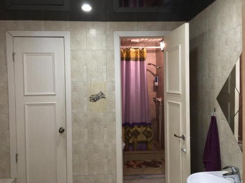 a bathroom with a shower with a sink and a toilet at Mini-Hotel Silver in Balashikha