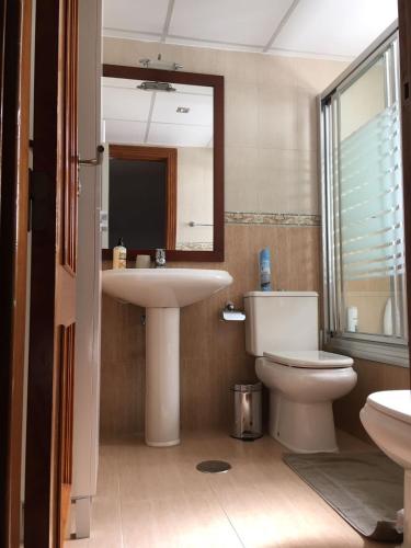 a bathroom with a sink and a toilet and a mirror at villa cinco palmas in Almerimar