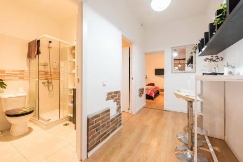 a bathroom with a fireplace and a shower and a toilet at Apartamento en Calle Tres Peces in Madrid