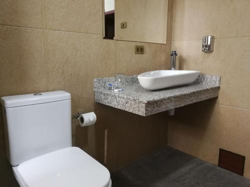 a bathroom with a white toilet and a sink at Miraflores Apart in La Paz