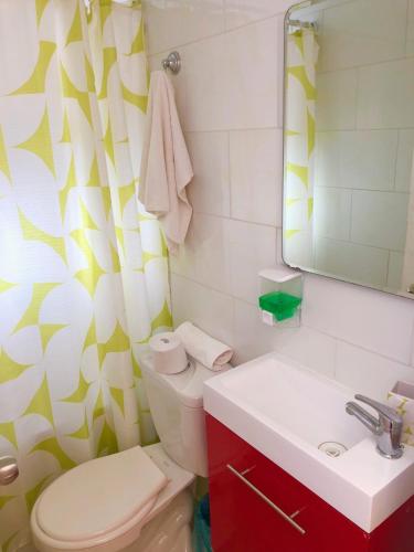 a bathroom with a toilet and a sink and a mirror at Cabañas Los Laureles - Lican Ray in Licán Ray