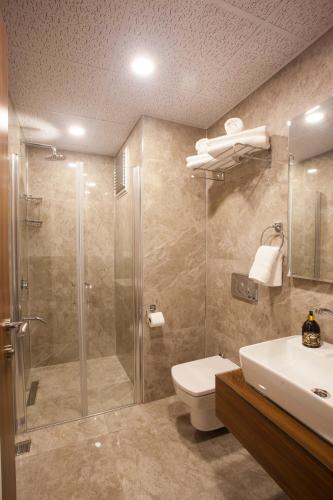 a bathroom with a shower and a toilet and a sink at Maxuite Hotel in Home in Akçay