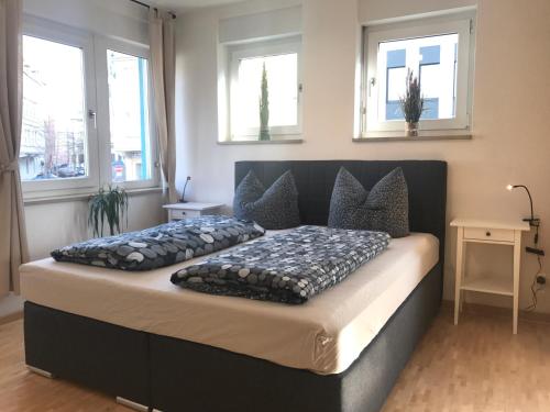 um quarto com uma cama com duas almofadas em Citywohnungen Halle am Markt em Halle an der Saale