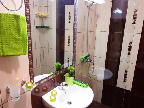 un baño con lavabo y espejo en Best Guest Apartments, en Plovdiv