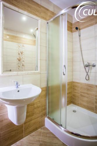 a bathroom with a sink and a shower at Ośrodek Wypoczynkowy Olimp in Szklarska Poręba