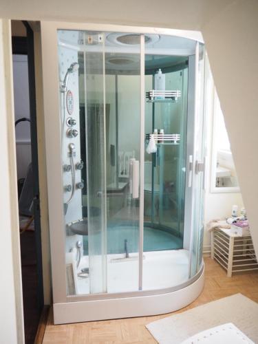 a shower with a glass door in a room at Aakirkeby Bed and Breakfast in Åkirkeby