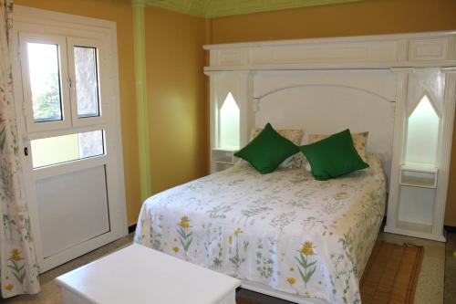 a bedroom with a bed with green pillows at Tigmi Dar Samy in Bine el Ouidane