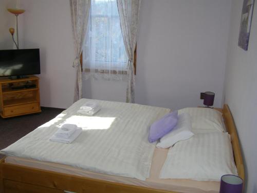 a bedroom with a bed with two towels and a television at Hotel Garni Belveder in Hřensko
