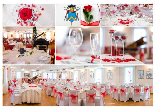 a collage of photos of a room with white tables and red flowers at Hotel In Sylvis in Sesto al Reghena