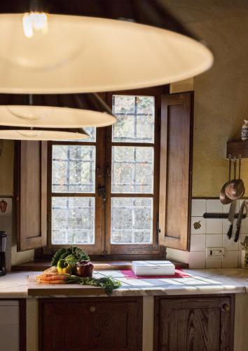 a kitchen with two windows and a counter with vegetables at Il Molinaccio in Gaiole in Chianti