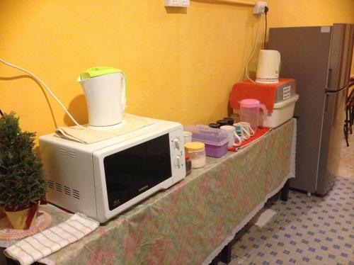 a microwave sitting on top of a counter at Cocoa Mews Cafe and Homestay in George Town