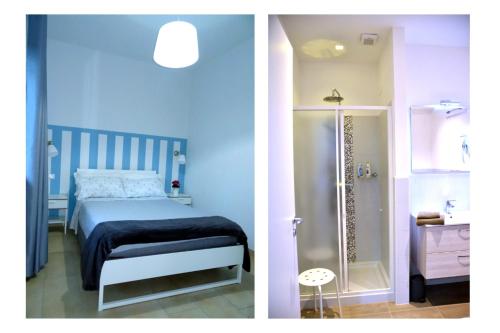 two pictures of a bedroom with a bed and a shower at IL CILIEGIO Affittacamere in Stresa