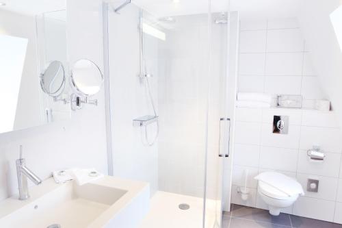 a white bathroom with a shower and a toilet at Logis Hôtel Ettenheim in Strasbourg