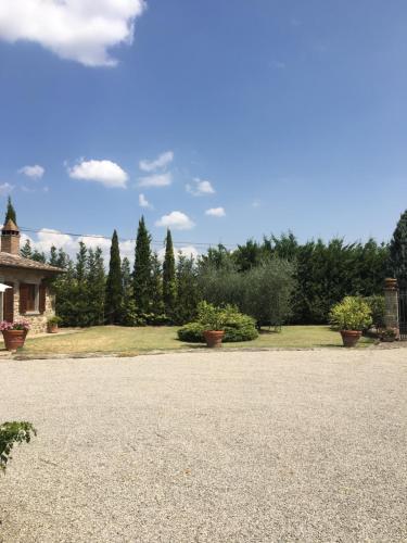 a yard with potted plants and a house at La Renaia in Cortona