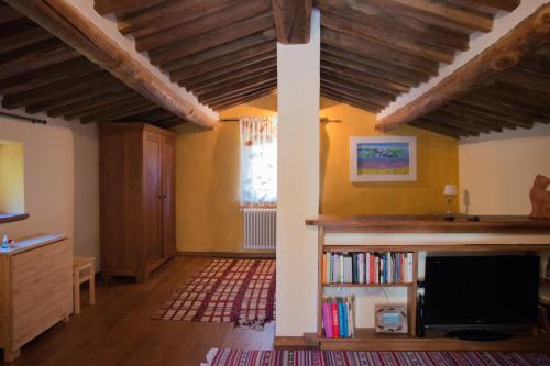 a living room with a tv and a book shelf at Podere Piandicava in Castelnuovo di Val di Cecina