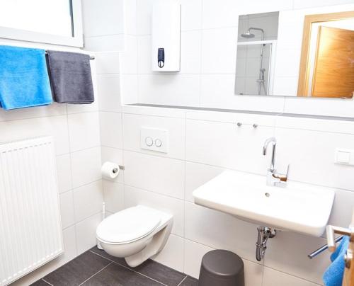 a white bathroom with a toilet and a sink at Krug-Apartments in Ebelsbach