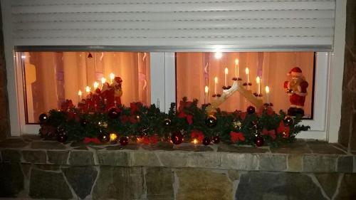 a window with christmas lights and christmas trees and candles at Casa DucAna in Orşova
