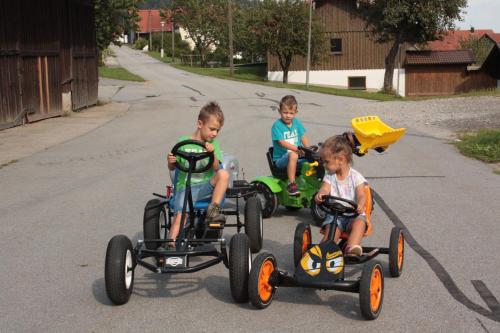 three children riding on toy cars on a road at Ferienhof Naderhirn - Bauernhof in Wegscheid