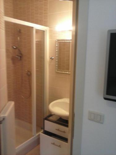 a bathroom with a shower and a sink and a toilet at Guest House Šterk in Nova Gorica