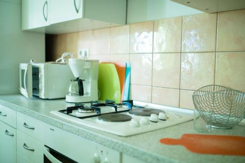 a kitchen counter with a coffee maker on a stove at Apartments Dania in Lopar
