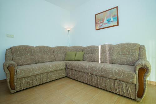 a brown couch in a living room with a painting at Apartments Dania in Lopar