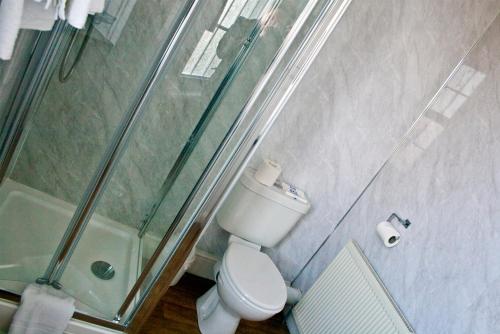 a bathroom with a toilet and a glass shower at Woodthorpe Hotel in Skegness