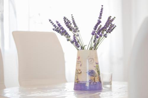 a vase filled with purple flowers sitting on a table at Apartments Dania in Lopar