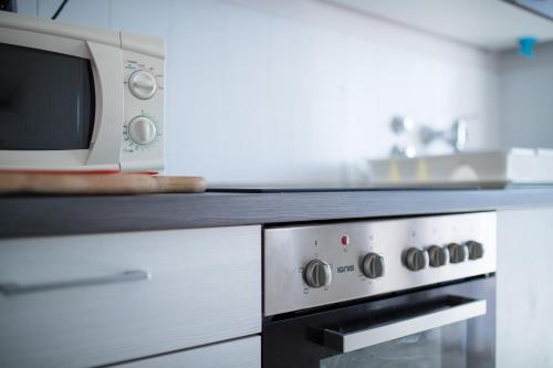 a microwave oven sitting on top of a kitchen counter at Apartments Dania in Lopar