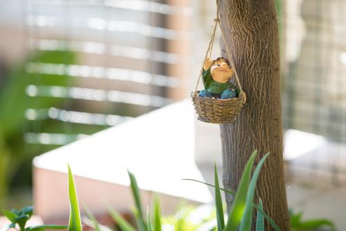 a small bird in a basket hanging from a tree at Apartments Dania in Lopar