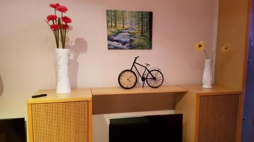 a bike sitting on top of a cabinet with flowers at Apartment Love in Vlasic