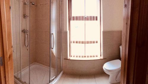 a bathroom with a shower and a toilet and a window at Clogher Valley Golf Club in Fivemiletown