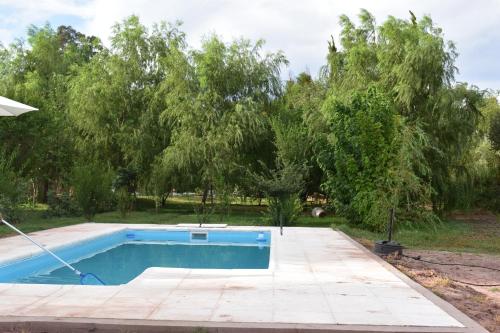 una piscina en un patio con árboles en La Sala Hotel Boutique, en Tinogasta