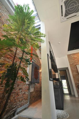 a palm tree in a room next to a brick wall at The Nest House in Melaka