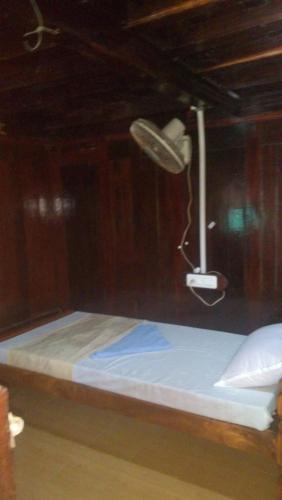 a bedroom with a bed with a light above it at Thriphala Ayurveda Yogashram in Trivandrum