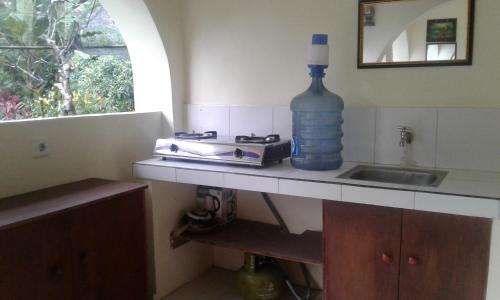 a kitchen counter with a bottle of water and a sink at Madu Sentana House in Ubud